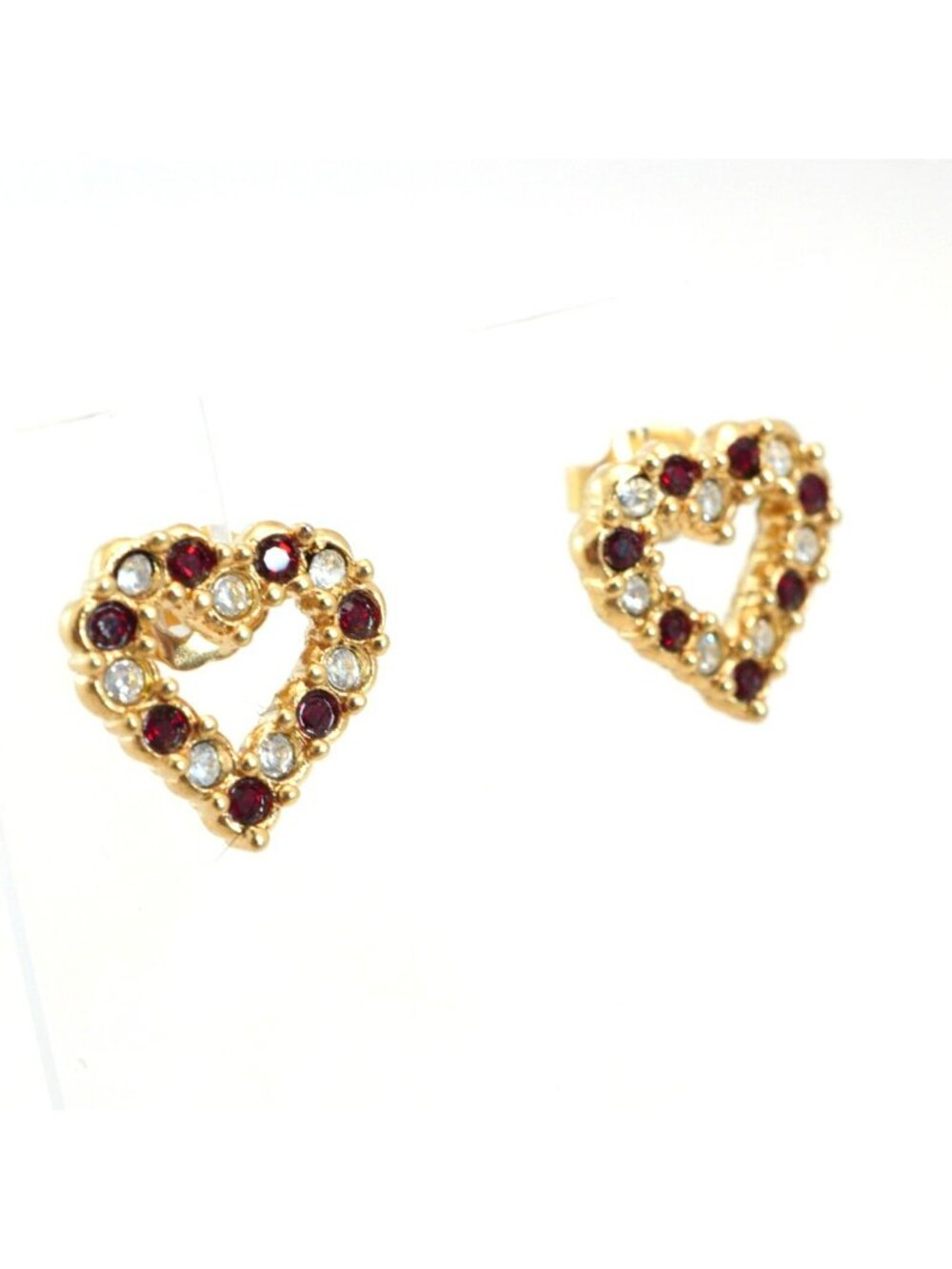 Vintage Avon Heart Red Clean Rhinestones Gold-Tone Post Earrings - Picture 2 of 7